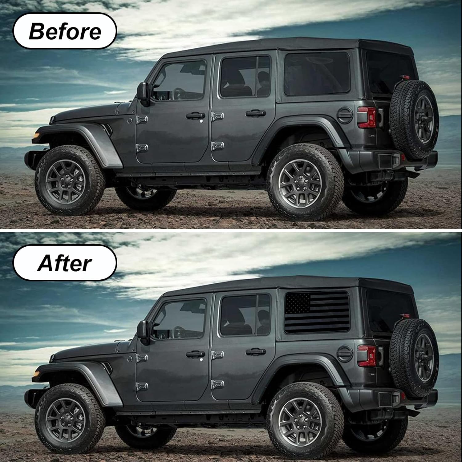 American Flag Rear Side Window Decals Precut Vinyl Stickers Fits Jeep Wrangler JL JLU 2018 2019 2020 2021 2022 2023 (1 Pair,Matte Black)