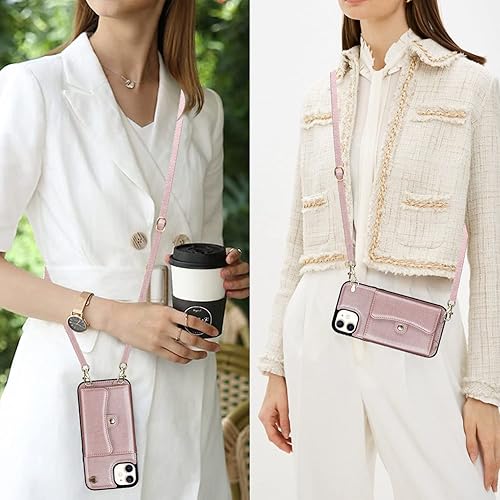 Miniatura 6 de Funda para iPhone 13 de 6.1 pulgadas, bolso cruzado con correa de hombro, funda protectora de moda para iPhone 13 (oro rosa)