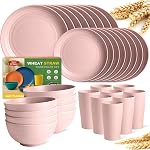 Teivio 32 Piece Kitchen Plastic Wheat Straw Dinnerware Set for 8, Dinner Plates and Bowls Set, Cups, Unbreakable Dishwasher Outdoor Camping RV Essentials Dishes, Black Vaisselle Cuisine
