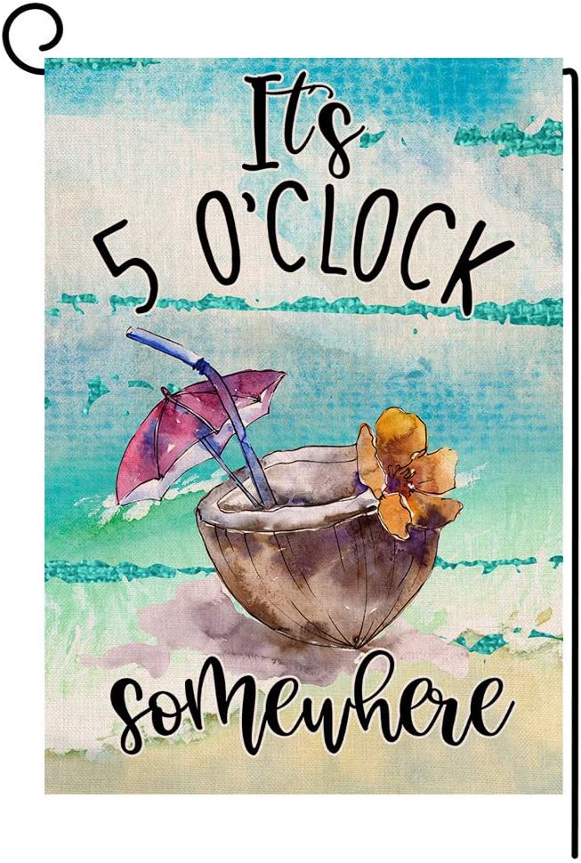 BLKWHT Summer Beach Garden Flag It's 5 O'Clock Somewhere Vertical Double Sided Tropical Fruit Coconut Burlap Yard Outdoor Decor 12.5 x 18 Inches A2152