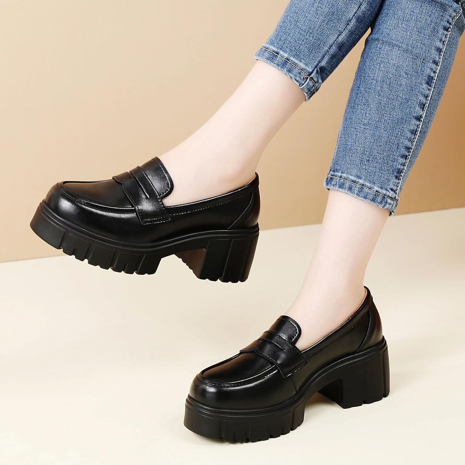 Platform Loafers for Women Penny Loafer Chunky Heel Leather Shoes