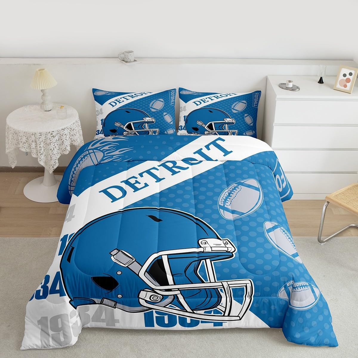 Feelyou Football Comforter Set All Season Detroit Bedding Set with 2 Pillow Cases Football City Microfiber Kids Queen Bedclothes Bedroom Decor Duvet Quilt Soft Lightweight