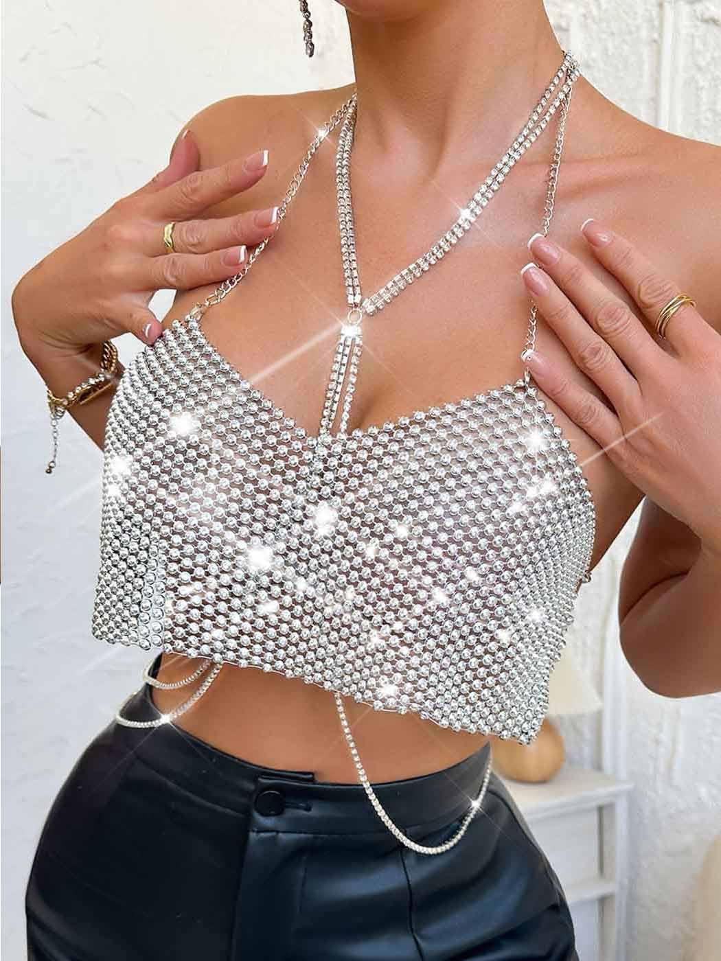 BODIY Women Sparkly Rhinestone Halter Crop Top Silver Body Chain Tops Disco Club Bikini Bra Tank Top
