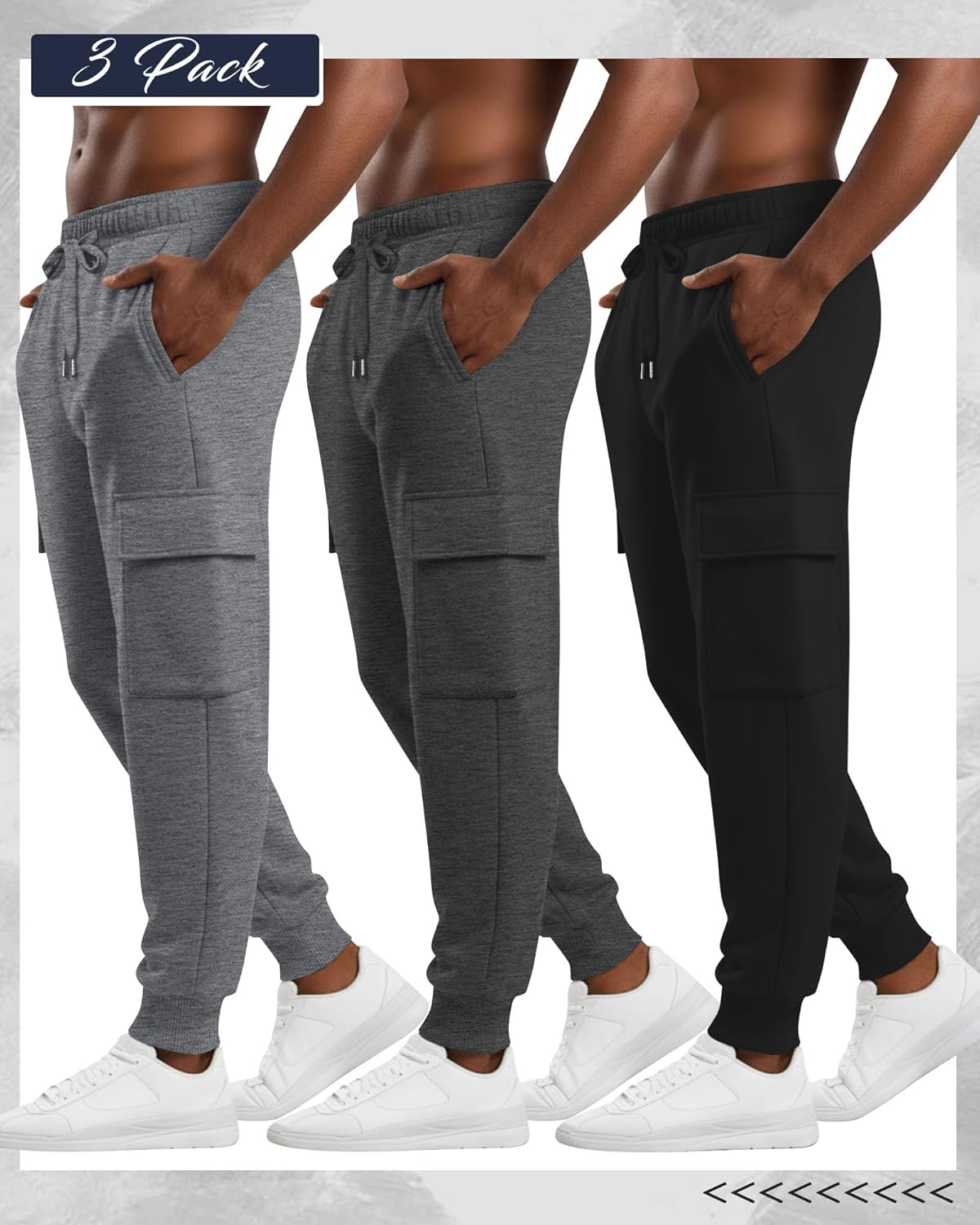 3 Pack Men's Cargo Sweatpants Relaxed Fit Drawstring Elastic Waist Joggers Active Tapered Pants with Pockets - Image 2