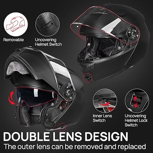 Miniatura 4 de ILM Casco modular de cara completa para motocicleta para adultos, doble visera, aprobado por DOT, modelo 159 (negro brillante, mediano)