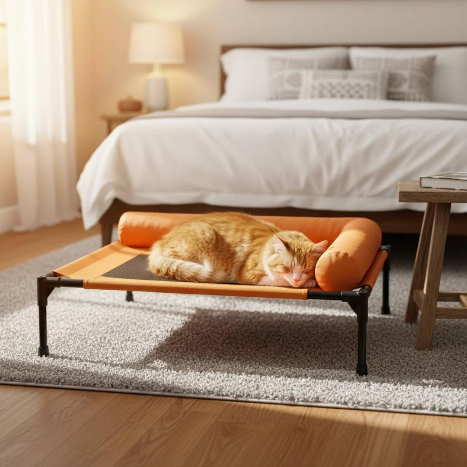 Letto Rialzato Animali Domestici Cot Sollevato Centro Mesh Cuscino Avvolgente Struttura Stabile Tessuto Moderno Pratico Adatto Gatti Casa Giardino, Verde, L