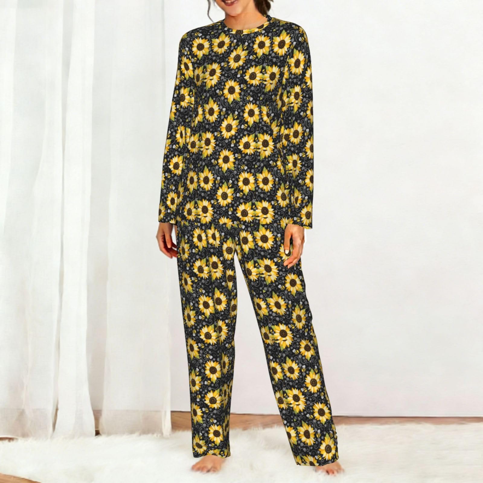 Girasole Api Stampa Delle Donne Manica Lunga Pigiama Corrispondente Morbido Elastico Coulisse Casual Daywear