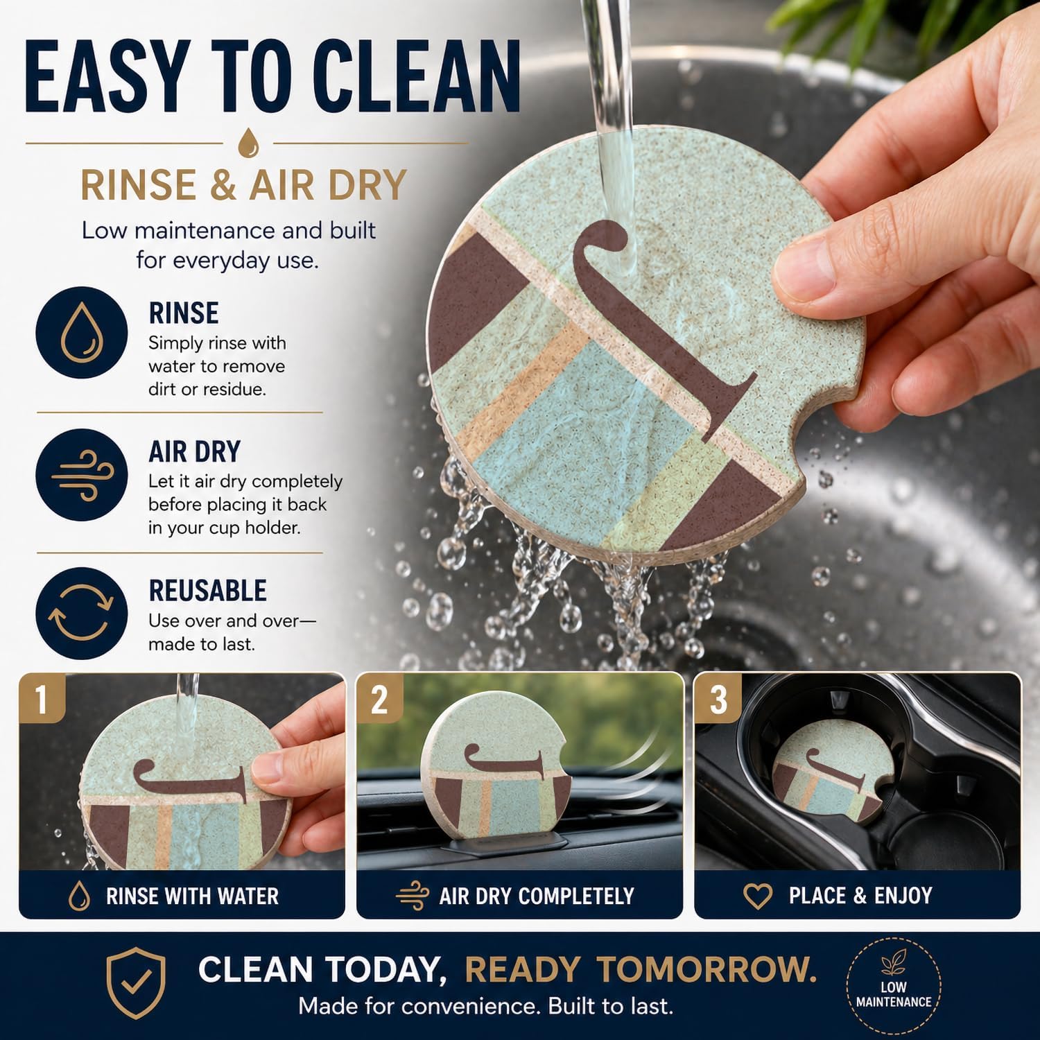 Caroline's Treasures CJ1003-JCARC Letter J Initial Monogram - Blue Stripes Set of 2 Cup Holder Car Coasters Absorbent Sandstone Coasters for Car Cup Holders Gifts for Men or Women, Large, Multicolor image 5