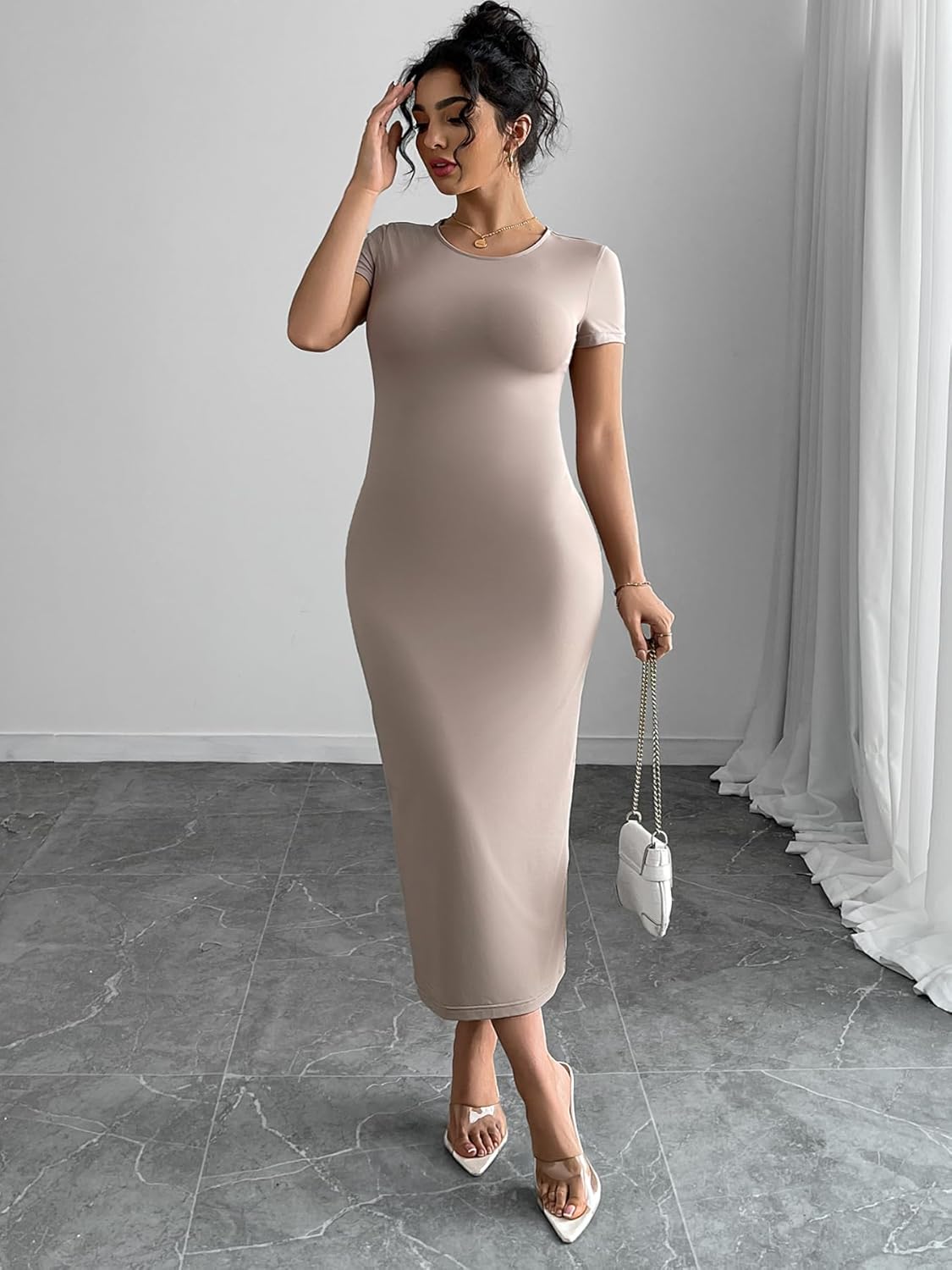 Women's Summer Short Sleeve Dress Finjani Women's Plus Size Bodycon Maxi  Dress – Short Sleeve, Round Neck, Solid Color, Summer Casual Curve Hugging  Dress