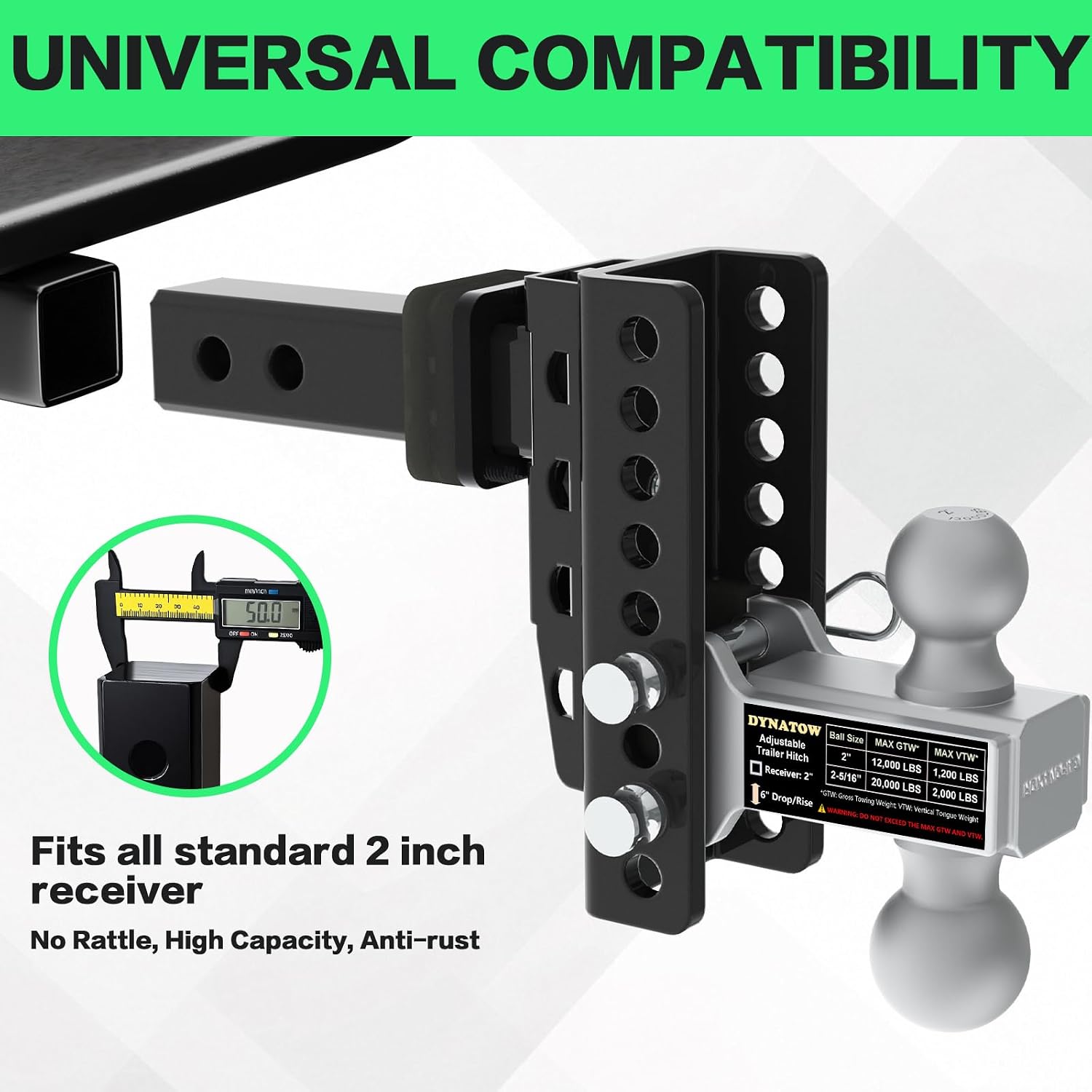 Zero-Noise Adjustable Trailer Hitch for 2 Inch Receiver - 6 Inch Drop/Rise, 22,000 lbs Towing GTW, Tow Dual Ball Sizes (2" & 2-5/16"), Anti Rust, Anti-Theft Lock Included (Grey, 6 Inch Drop/Rise)