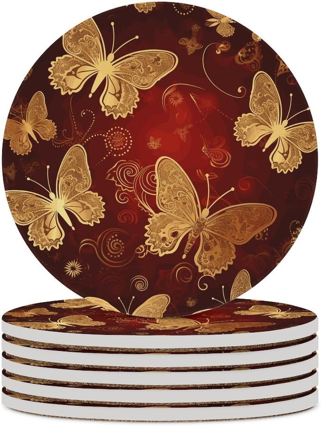 6PCS Valentine Hearts Golden Butterfly Coasters Non-Slip Round Drink Coasters with Ceramic Stone and Cork Base, Heat Resistant Absorbent 33.00Stone Coaster Set for Kinds of Mugs and Cups, 4 Inch