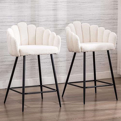 DUOMAY Juego de 2 taburetes de bar modernos, taburetes de altura de mostrador de 26 pulgadas, silla tapizada de sherpa con patas de metal negro para