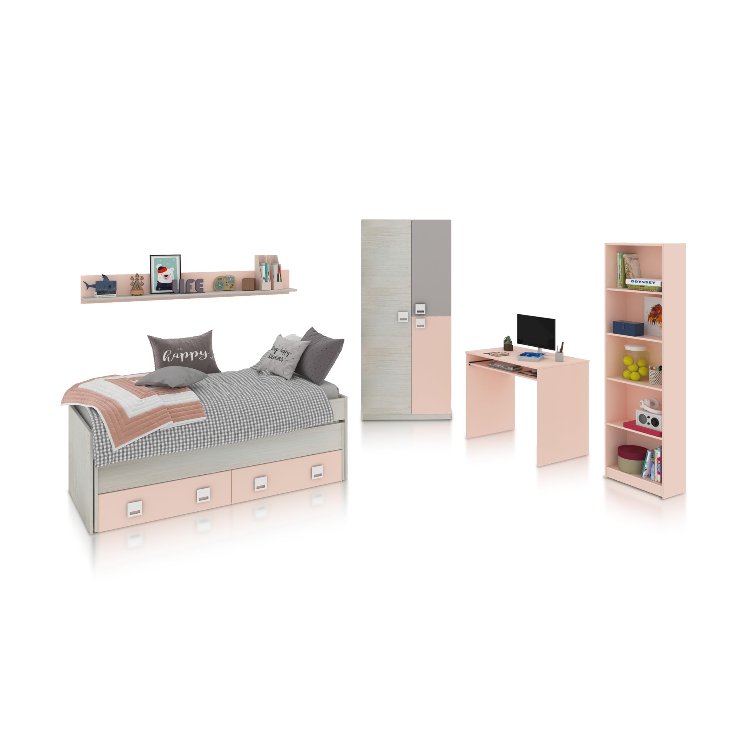 duehome | Pack de Dormitorio Juvenial con Cama Nido Juvenil, Armario, Escritorio y Estantería, Conjunto de Dormitorio Infantil, Modelo Kenia MAX, Acabado en Blanco Alpes, Rosa Pastel y Gris