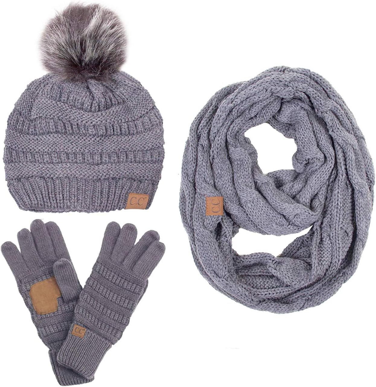 3pc Set Trendy Warm Chunky Soft Stretch Cable Knit Color Pom Pom Beanie, Scarves and Gloves Set