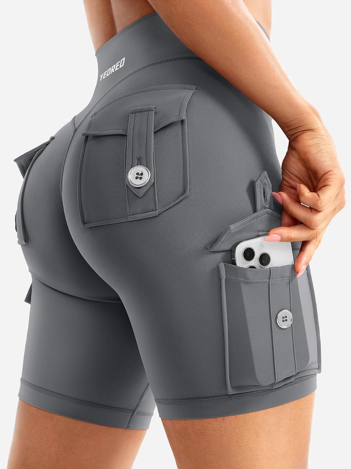 YEOREO CoreFlex Women Workout Biker Shorts with Cargo Pockets Hidden Scrunch High Waisted 8" Inseam Gym Shorts