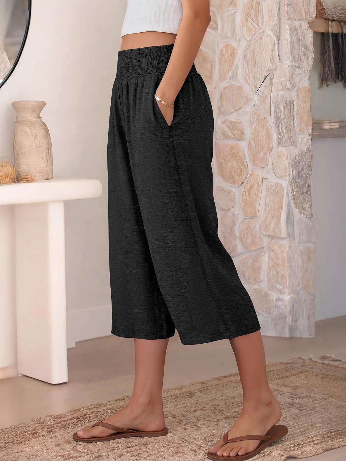 ANRABESS Capri Pants for Women, Smocked High Waisted Wide Leg Loose Flowy Cropped Palazzo Trousers Summer Casual Lounge Beach