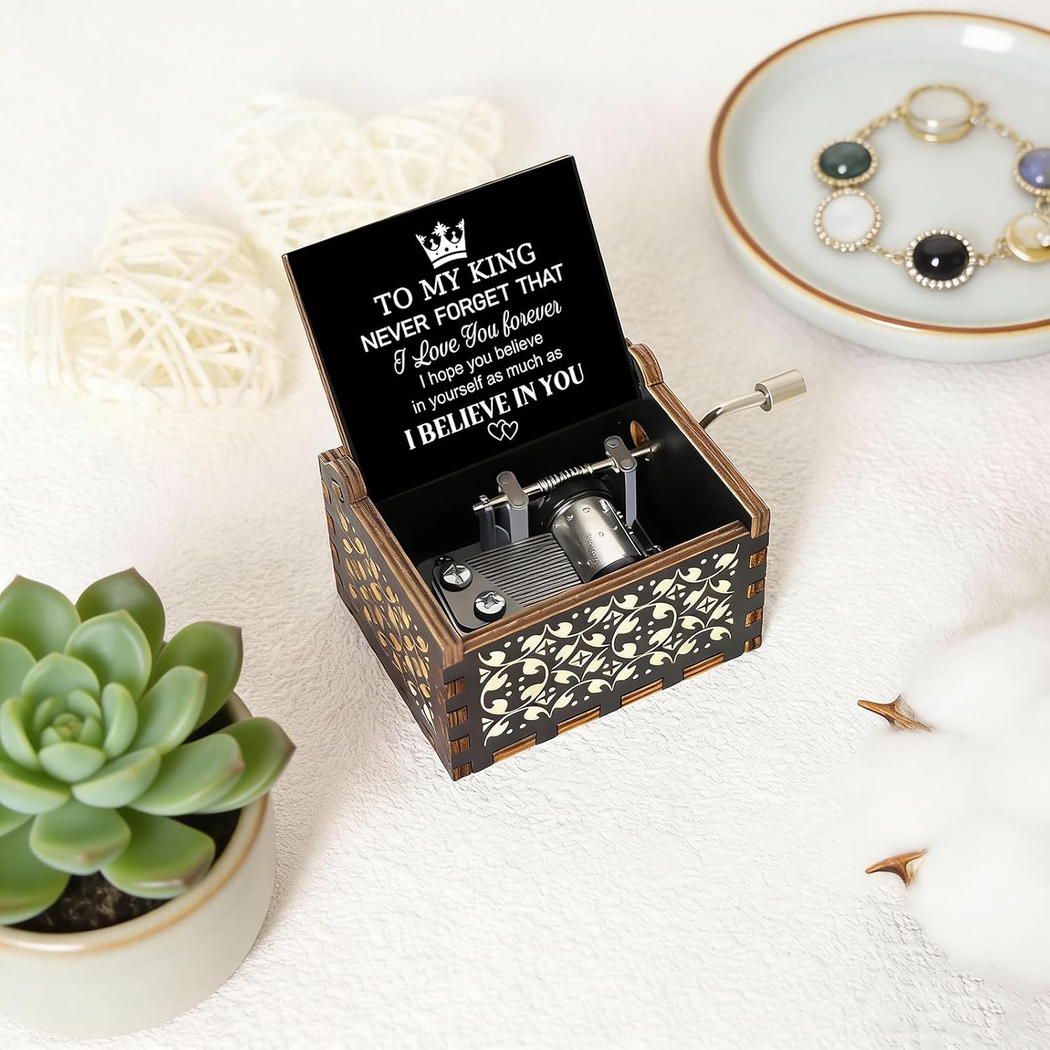 Husband Boyfriend Music Box Gift for My King Him Birthday Anniversary | Music Box Gift for Husband Christmas Fathers Day Inspirational gifts Wooden Hand Crank Music Box Play You Are My Sunshine