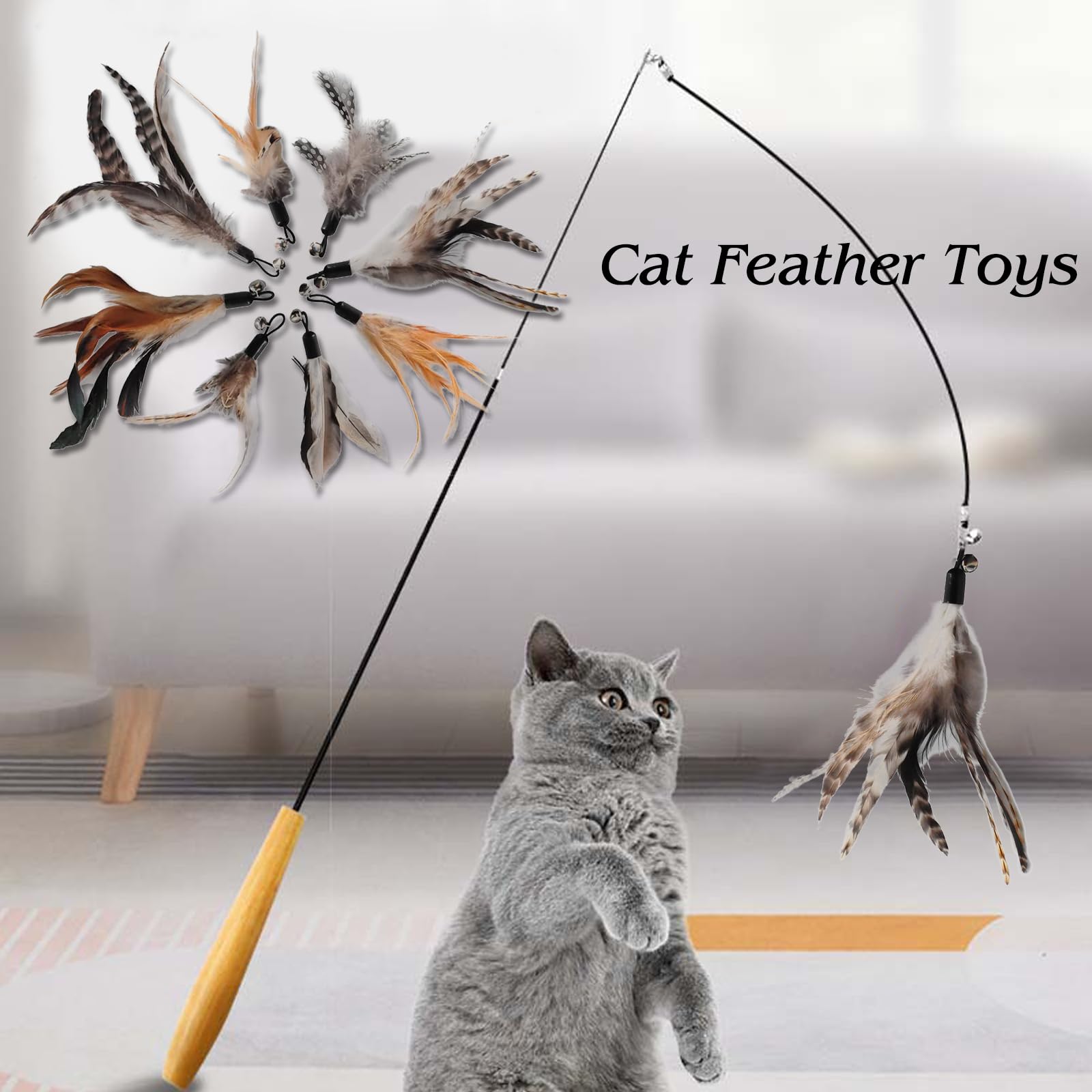 Kot Feather Toys, 8 sztuk zapasowych zabawek z piórami dla kotów, bez barwników chemicznych, łącznie z wkładami do naturalnych piór dla kotów