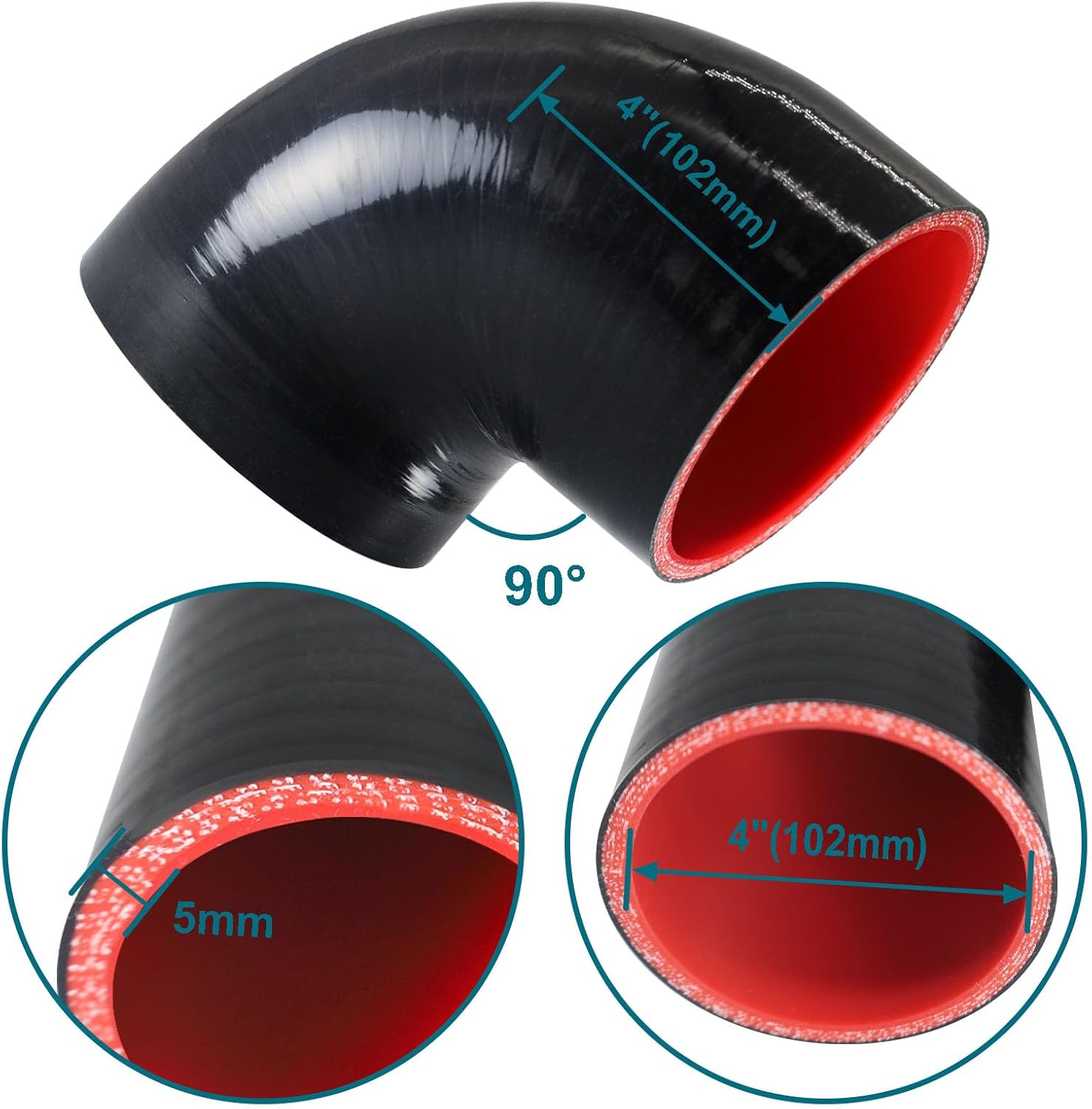 90 Degree Elbow ID 4'' (102mm) Silicone Hose Coupler, Reinforced 4-layer Wall 5MM for Cold Air Intake, Turbo, Intercooler, 4”leg Length(102mm) Automotive Radiator Hose