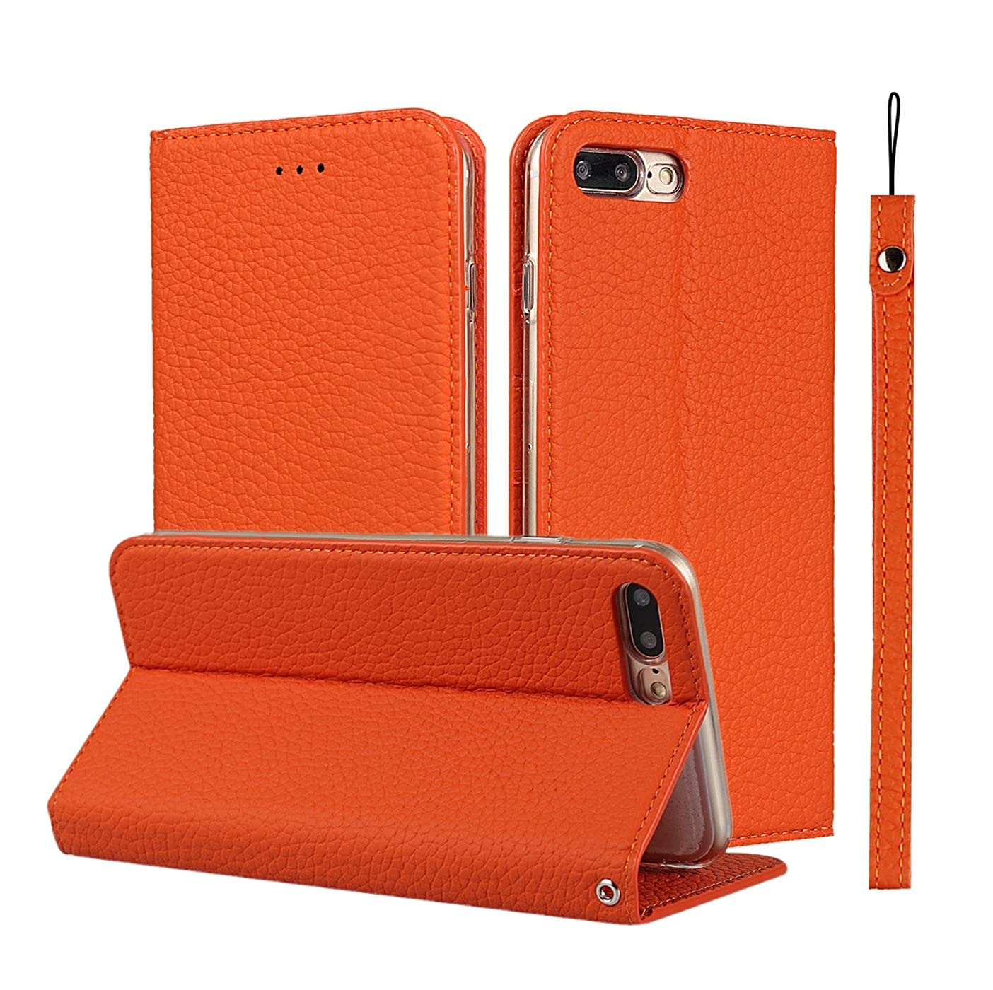 iCoverCase Genuine Leather Case for iPhone 7 Plus/iPhone 8 Plus, Wallet Case with Wrist Strap and Card Slots Magnetic Closure Kickstand Feature Flip Cover for iPhone 7 Plus/8 Plus (Orange)