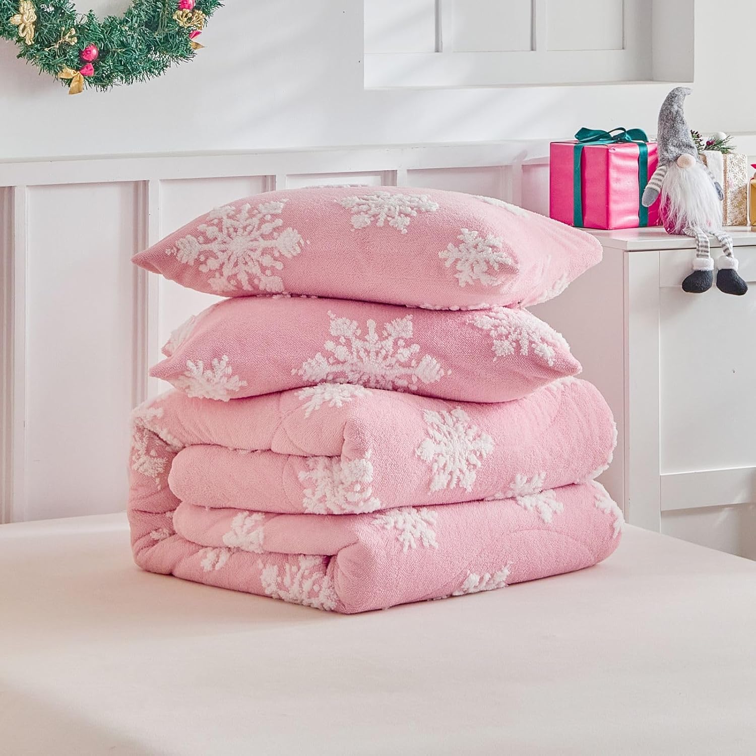 Fluffy Christmas Full Size Comforter Set, Soft Flannel Fleece Front & Sherpa Back Winter Bedding, Christmas Bedding with Snowflakes, Soft Plush Shaggy Comforter, for Women, Men