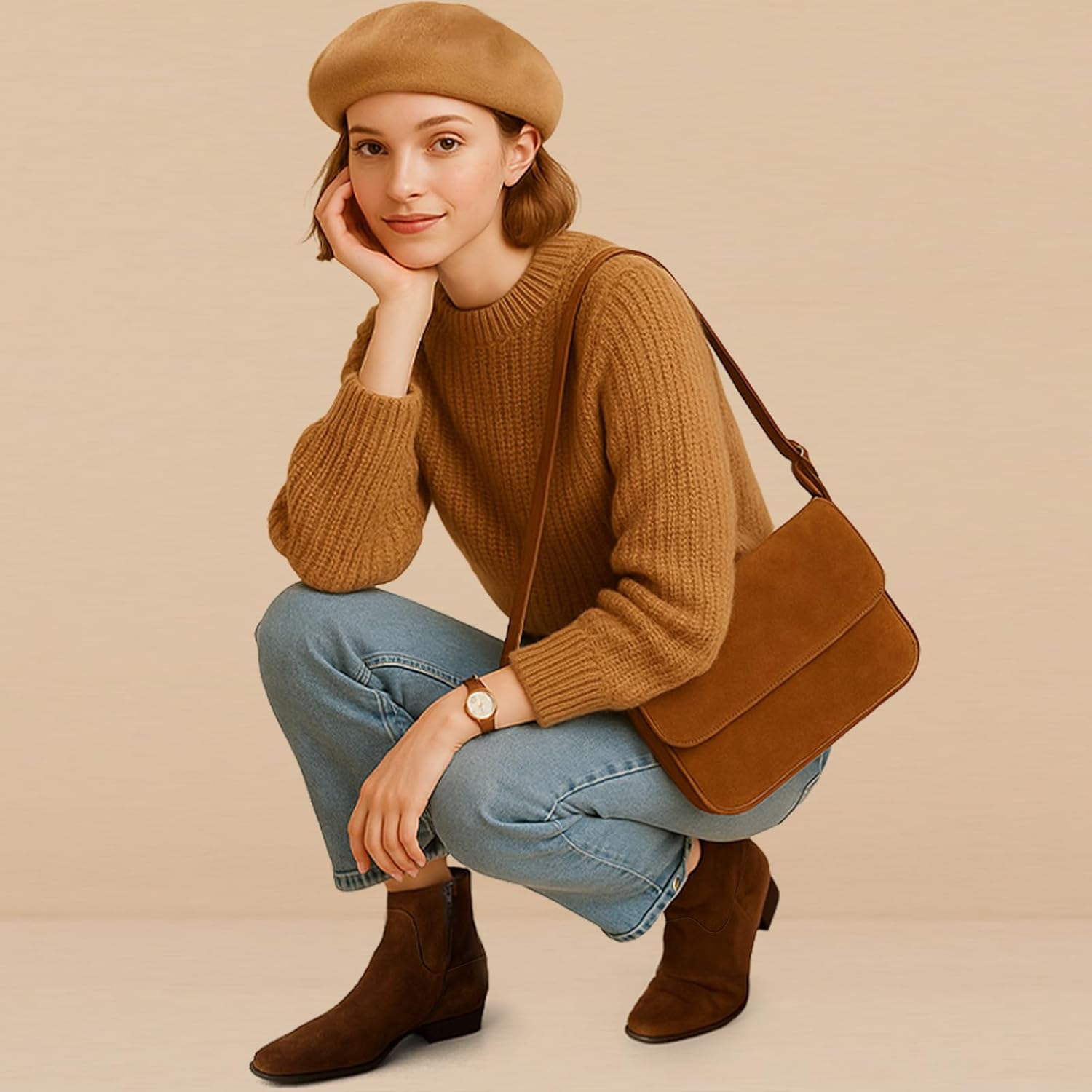 KysBloes Women Square Toe Ankle Boots Low Heel Brown Suede Booties Flats Winter Shoes Comfortable Side Zip Short Boots(Brown-seude,US size 11) - Image 2