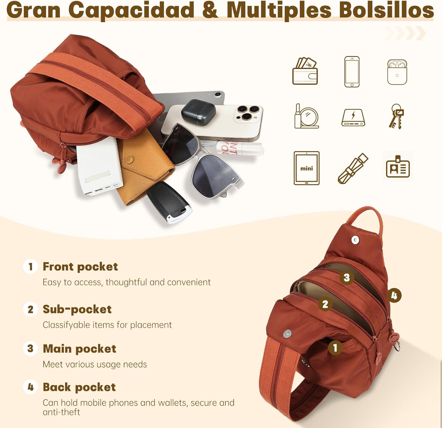 Waterproof 2-Way Mini Commuter Bag, Multi-Compartment Oxford Small Backpack, For Women, Collegeman, Commuter, Travel with Anti-Theft,Three in One Multifunctional Convertible Design (Orange) - Image 3