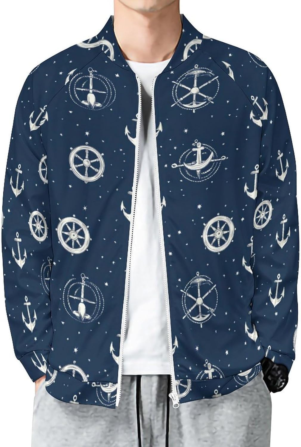 Navy Blue Nautical Anchores Men's Zip Up Sweatshirt Casual Sweater Jackets Long Sleeve Tops Lightweight Coat
