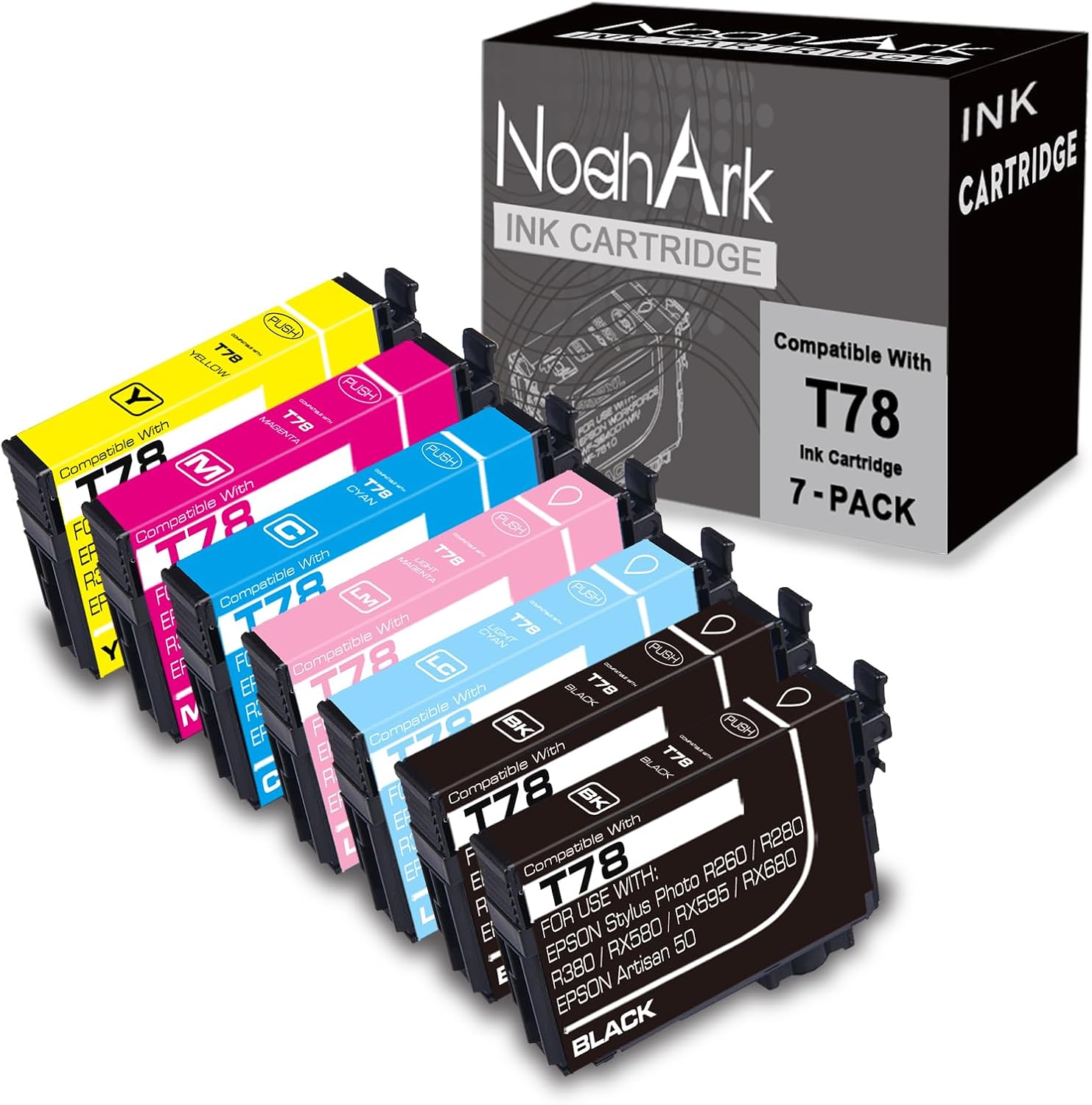 NoahArk 7 Packs T078 Remanufactured Ink Cartridges Replacement for Epson 78 use for Stylus Photo R260 R280 R380 RX580 RX595 RX680 Printer(2Black,1 Cyan,1 Magenta,1 Yellow,1 Light Cyan,1 Light Magenta)
