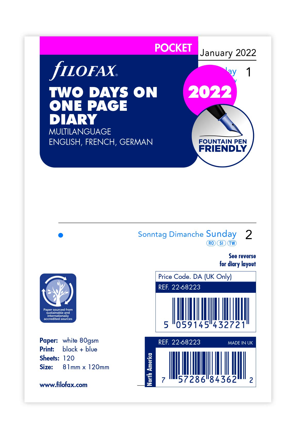 Filofax Pocket English/French/German Two Days per Page 2022 Diary