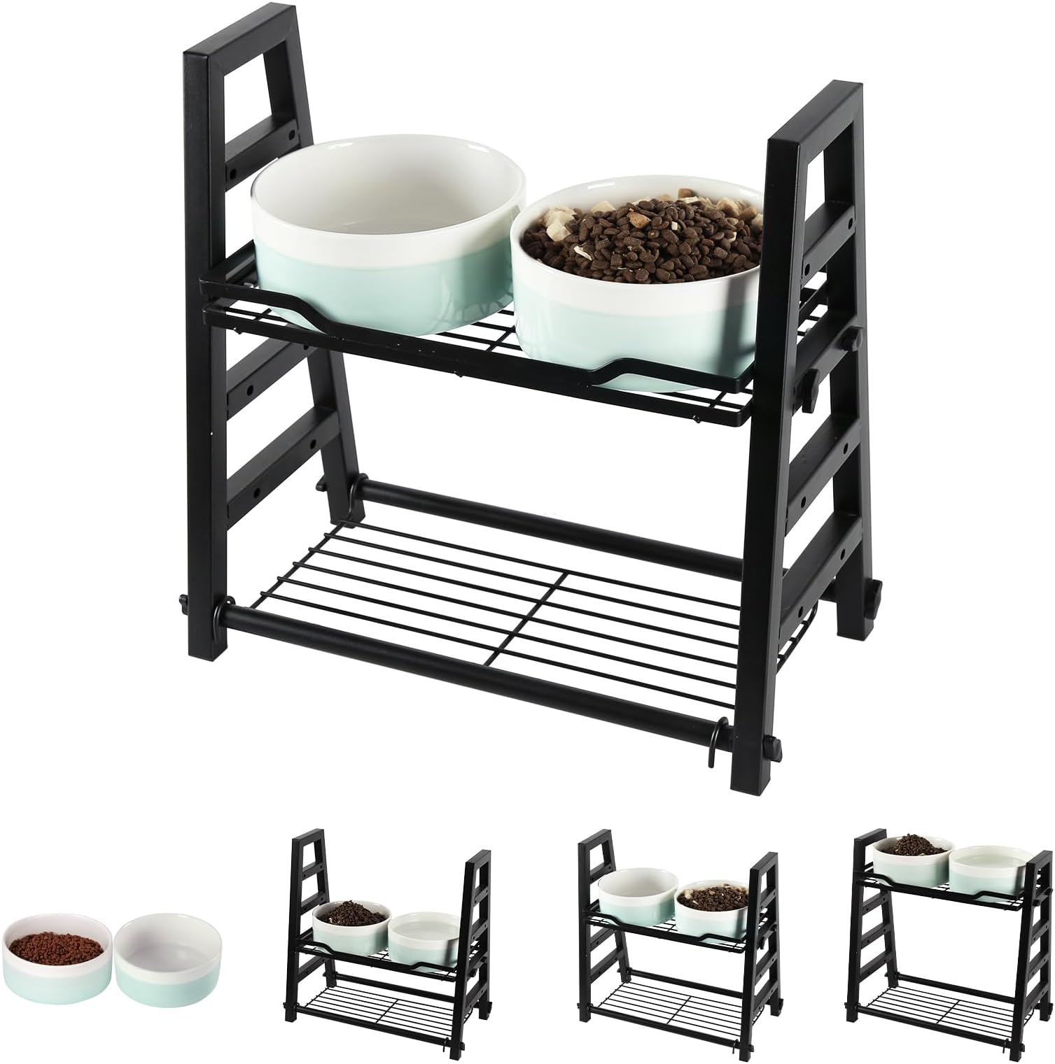 Elevated Dog Bowls Adjusts to 4 Heights 4'', 7", 10", 13", Ceramic Dog Feeder with