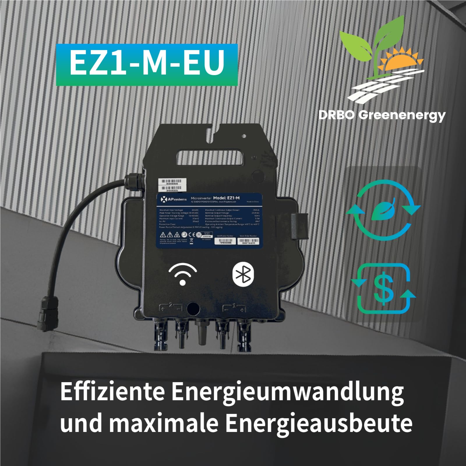 APsystems EZ1-M 800 Watt Mikrowechselrichter - WLAN, Bluetooth, Silber, Schuko (Typ F), Koaxial, 1 Stück