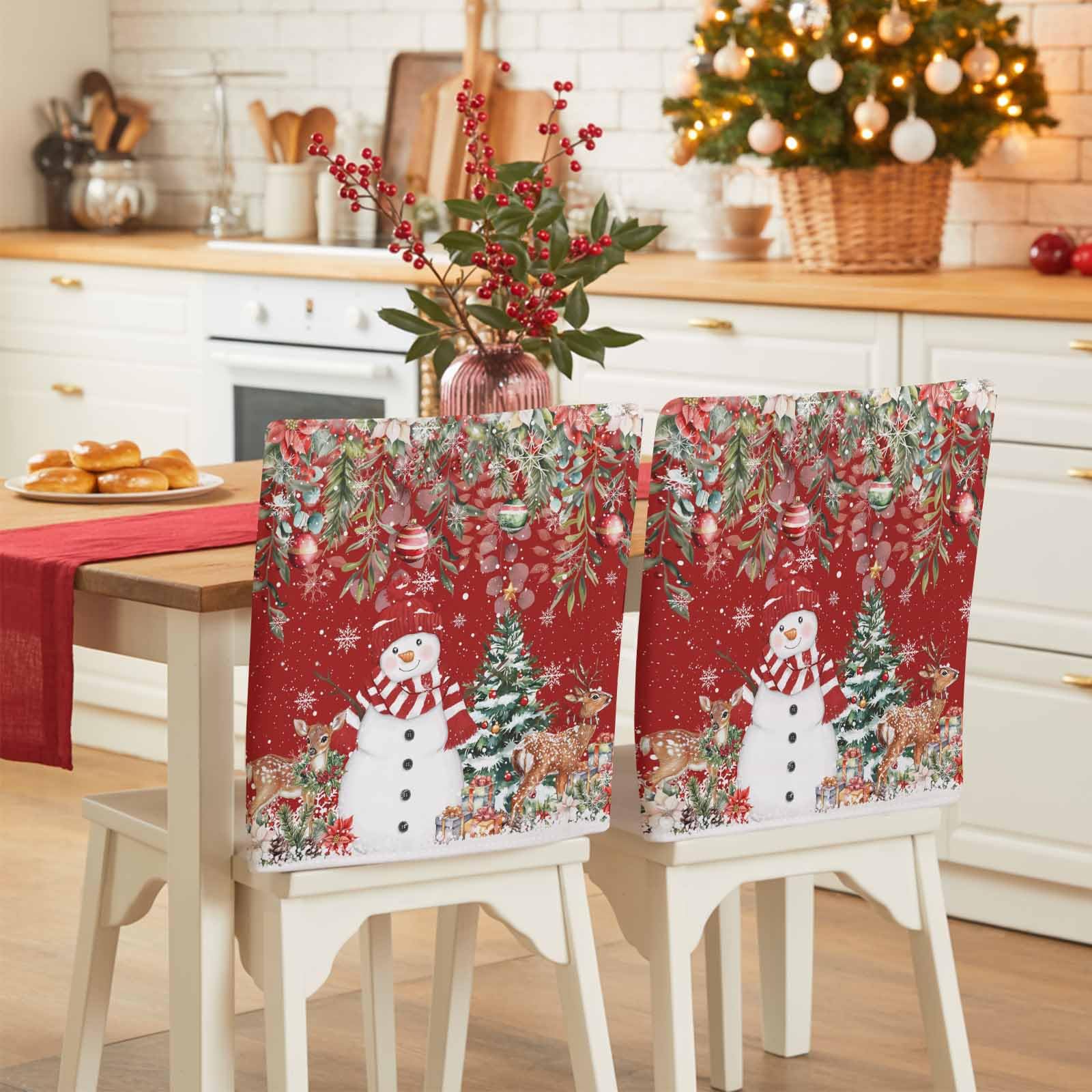 Wowouhiya Red Snowman Christmas Chair Covers Set of 6 for Dining Room, Xmas Botanical Chair Back Cover, Balls Tree Elk Kitchen Chair Slipcovers Seat
