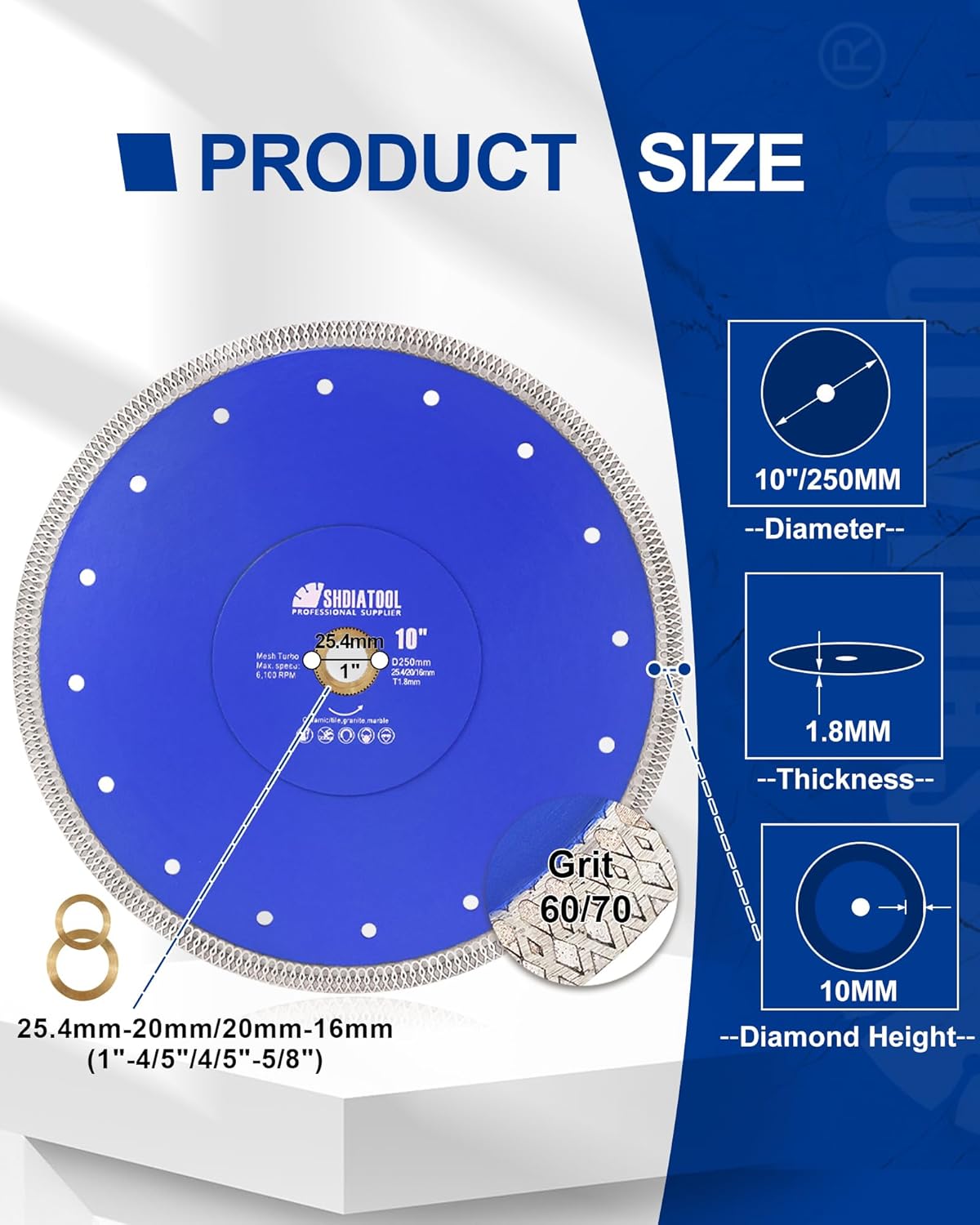SHDIATOOL 10 Inch Diamond Saw Blade Cutting Disc for Porcelain Tile Ceramic Granite Marble Brick