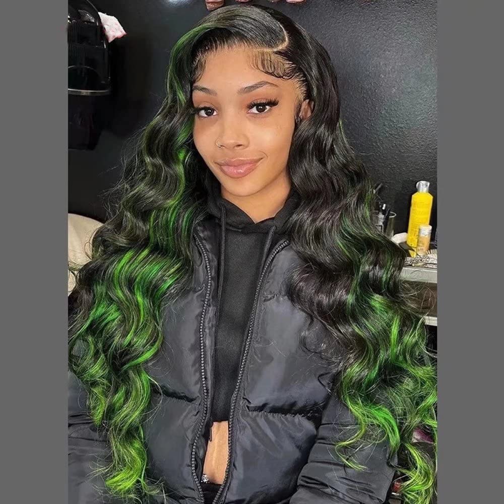 ten chopsticks 180% Density Long Loose Deep Wave Wig Human Hair 13X6 Lace Front Wigs Pre Plucked Black Mix Green Sexy Lace Front Human Hair Wigs HD Transaprent Lace Brazilian Remy Hair 14Inch