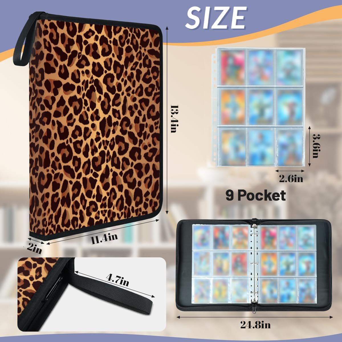 Raccoglitore per carte collezionabili con 9 tasche con stampa leopardata, raccoglitore per carte con stampa leopardata, con maniche rimovibili, impermeabile, con cerniera, 50 pagine, capacità 900