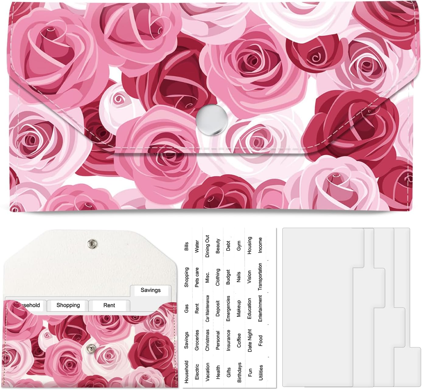 Cash Envelope Wallet, Reusable Budget Money Wallet, Cute PU Leather Money Saving Wallet with 4 Dividers & 1 Sheet Category Stickers Roses Pattern