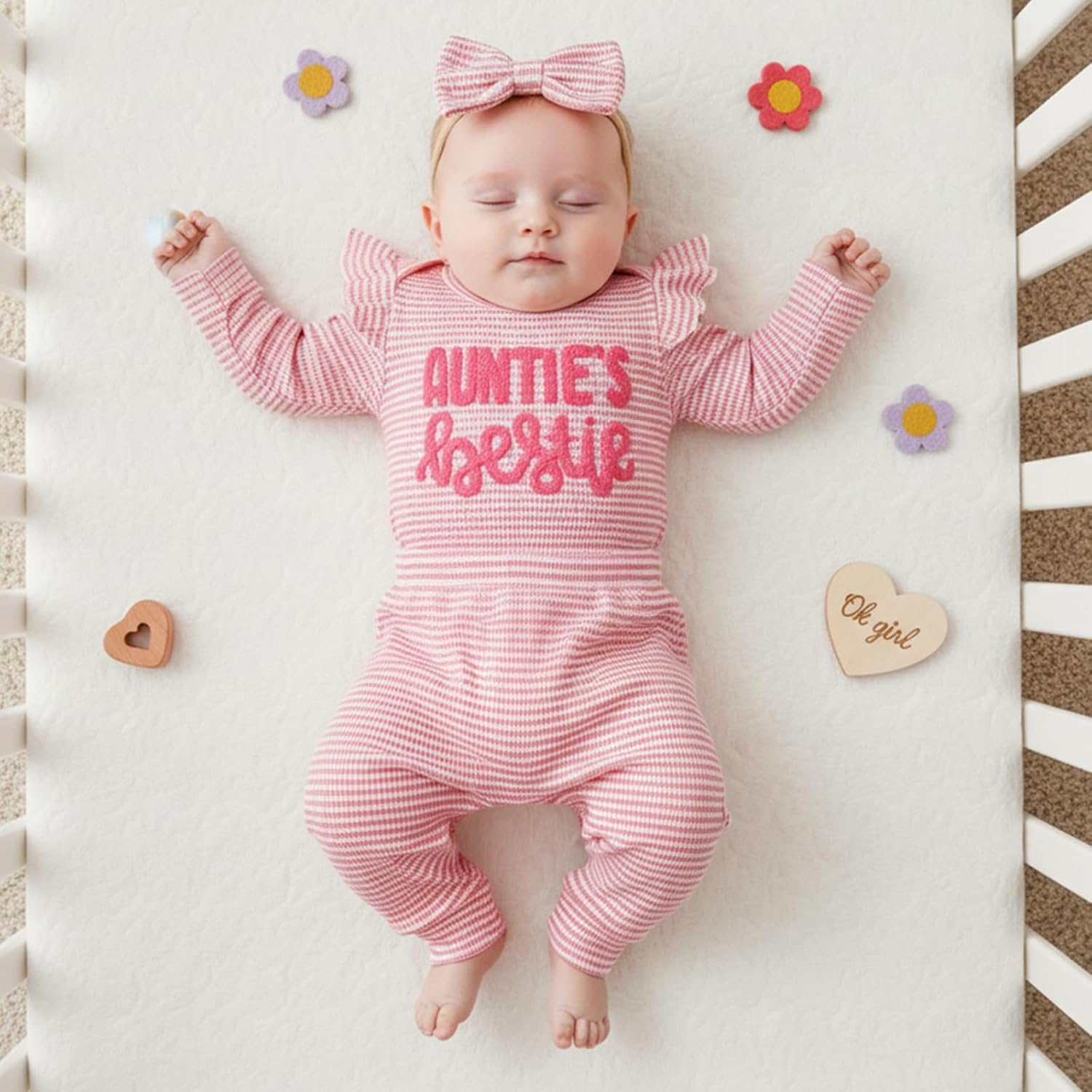 Aunties Bestie Baby Girl Clothes Aunt Saying Letter Embroidery Ruffle Romper Leopard Pant Headband 3Pcs Summer Outfit - Image 4