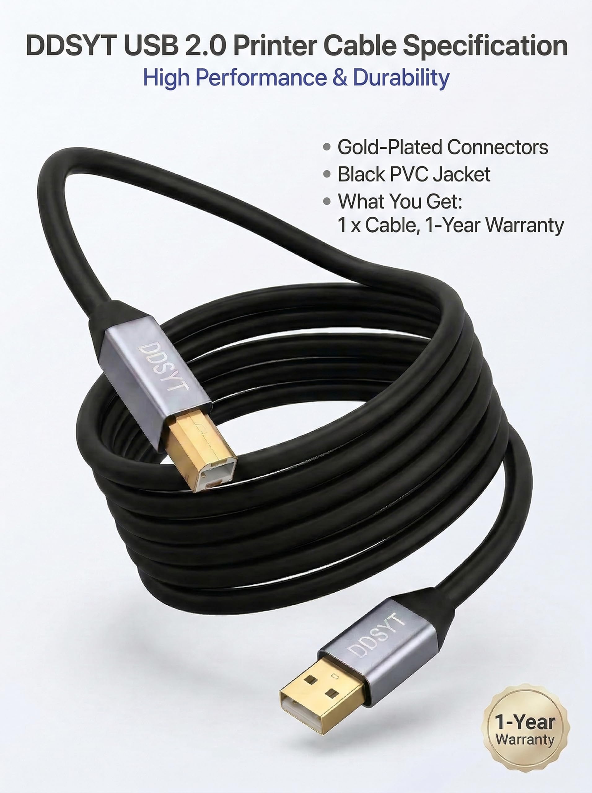 Cavo USB 2.0 per stampante, 1,8 m, USB-A a USB-B 2.0, velocità di trasferimento 480 Mbps, per stampante o disco rigido esterno, connettori placcati oro