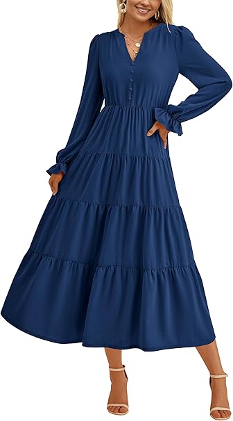 PRETTYGARDEN Long Sleeve Dress for Women 2025 Fall V Neck Tiered Aline Spring Elegant Modest Flowy Wedding Guest Maxi Dresses