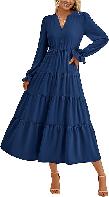 PRETTYGARDEN Long Sleeve Dress for Women 2025 Fall V Neck Tiered Aline Spring Elegant Modest Flowy Wedding Guest Maxi Dresses