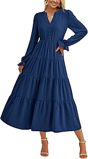 Long Sleeve Dress for Women 2025 Fall V Neck Tiered Aline Spring Elegant Modest Flowy Wedding Guest Maxi Dresses