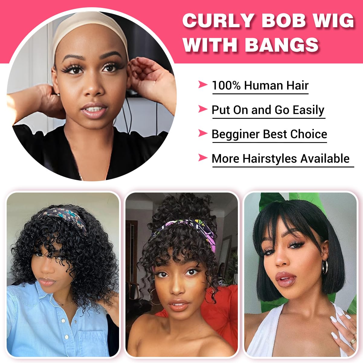 Rebecca Fashion Highlight Curly Bob Human Hair Wig with Bangs 10 Inch Short Curly Water Wave Bob Wig Human Hair Wigs for Black Women Glueless Wig 100% Brazilian Remy Hair Black Mixed Brown Color