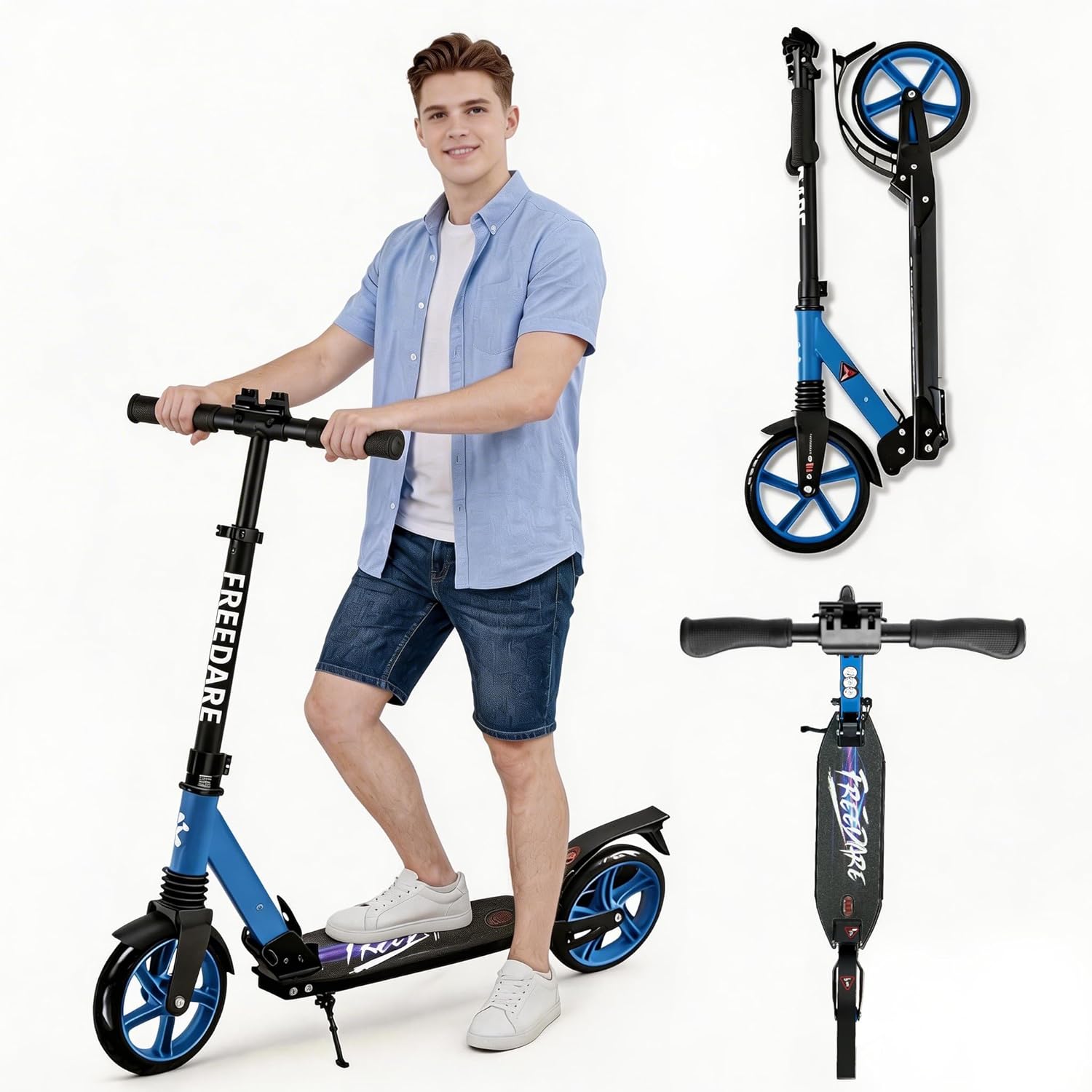 FREEDARE Kick Scooter for Kids & Adults Ages 8+, Foldable Teen Scooter with 2 Big 8-inch Wheels and 4-Level Adjustable Handlebar, Max Load 220 LBS