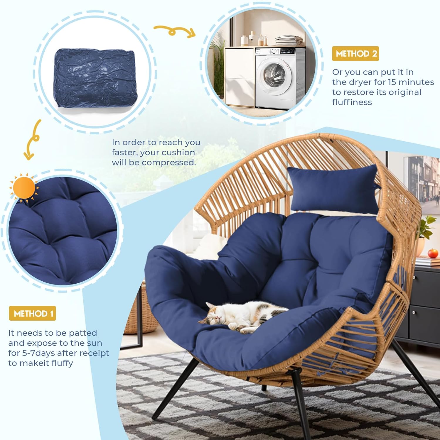 DANGHOOGY Outdoor Egg Chair Cushion, Waterproof Hanging Chair Cushion with Headrest Pillow, Egg Chair Replacement Cushion for Patio Furniture, U-Shaped Eggs Swing Cushion for Basket Chairs, Navy