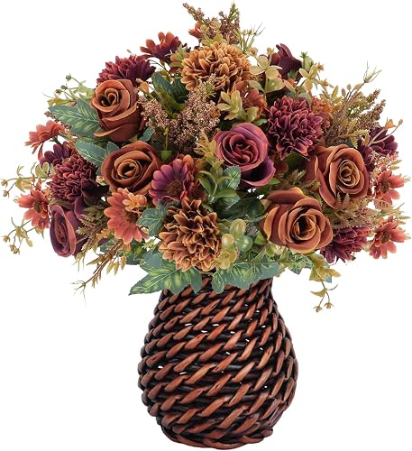 4 Bundles Fake Fall Flowers with Vase 12.5" Fall Centerpieces for Tables | Silk Artificial Fall Rose Mums Mixed Floral Arrangement, Burnt Autumn Flowers for Home Table Centerpieces Farmhouse
