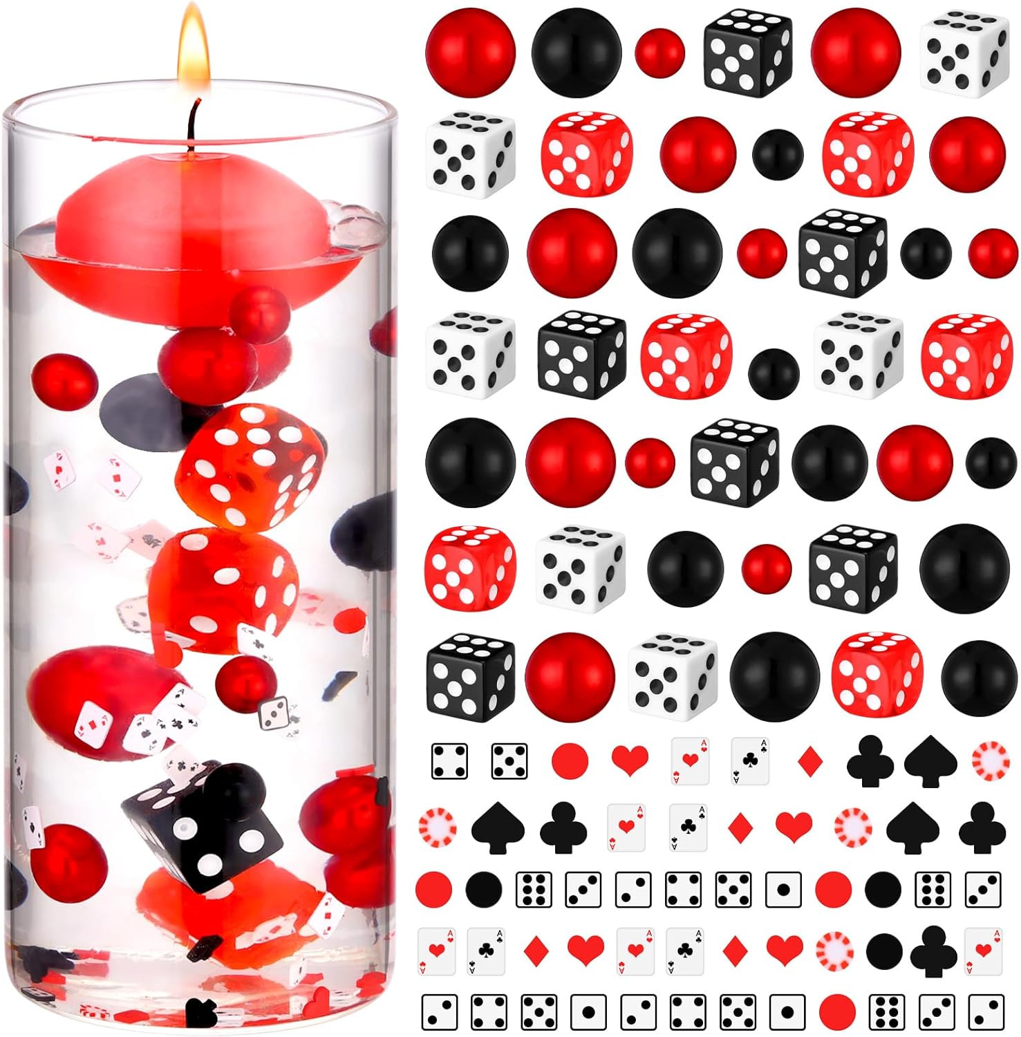 Seenelling 660 Pcs Casino Theme Vase Fillers for Centerpieces Include Dice Pearls Mini Playing Cards Casino Party Decorations Las Vegas Night Table Floating Dice for Wedding Birthday Events