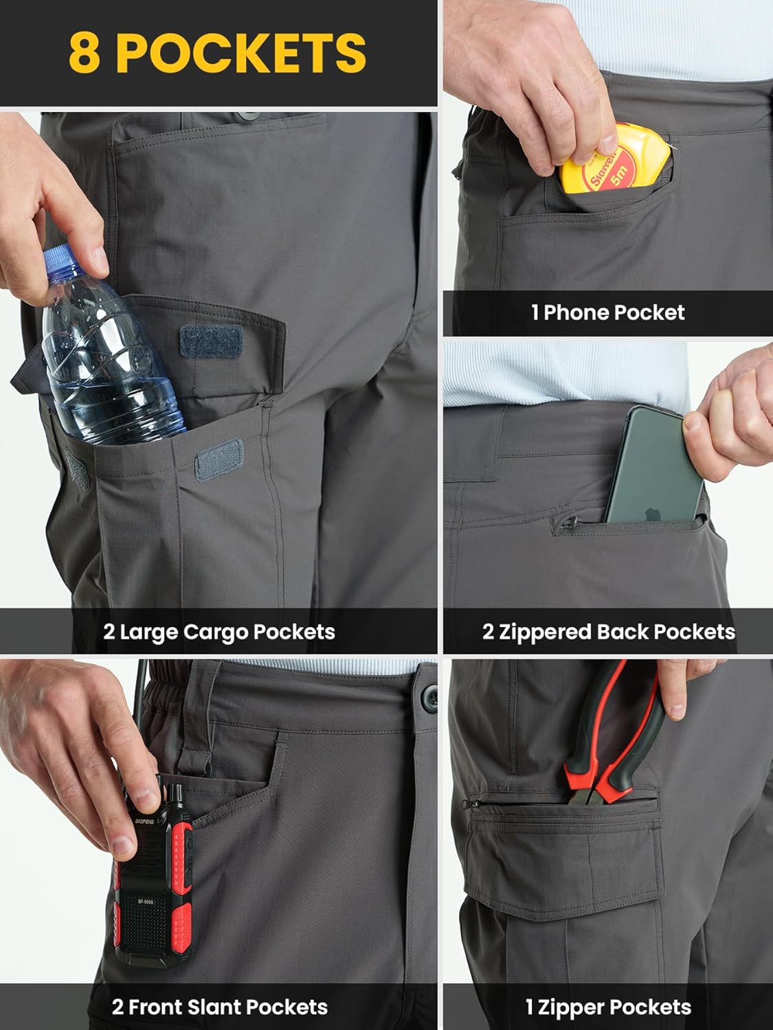 Mens Stretch Tactical Pants, Water-Resistant Hiking Pants Ripstop Lightweight Cargo Work Pants for Men 8 Pocket(No Belt)