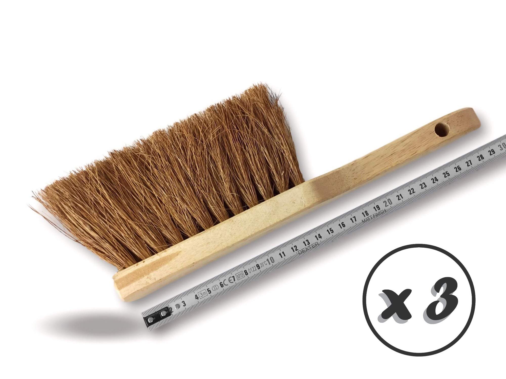Szczotka z włókien naturalnych kokosowych | Zestaw 3 | Krótki uchwyt drewniany | Długość 29 cm | Produkt przyjazny dla środowiska | Pył piaskowy ziemny cementowy popiół kominkowy | Kibros 2155x3