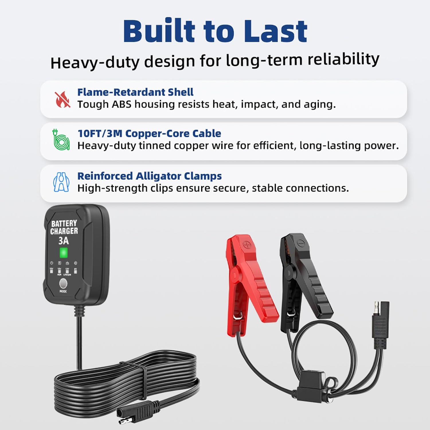 3A 6V/12V Car Battery Charger – Smart Trickle Charger, Battery Maintainer & Desulfator with Overcharge Protection & Temperature Compensation – for Lead Acid, AGM, Gel, Lithium Batteries